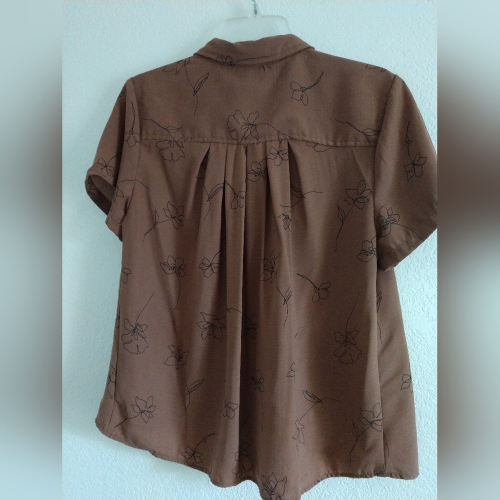 Lotus & Lavender Blouse Shirt Brown Black Floral Flowers Print Short Sleeve L - Picture 5 of 6